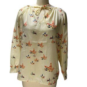Vintage L Blouse With Tie‎ Neck & Bird Print Cream With Red & Blue Accents